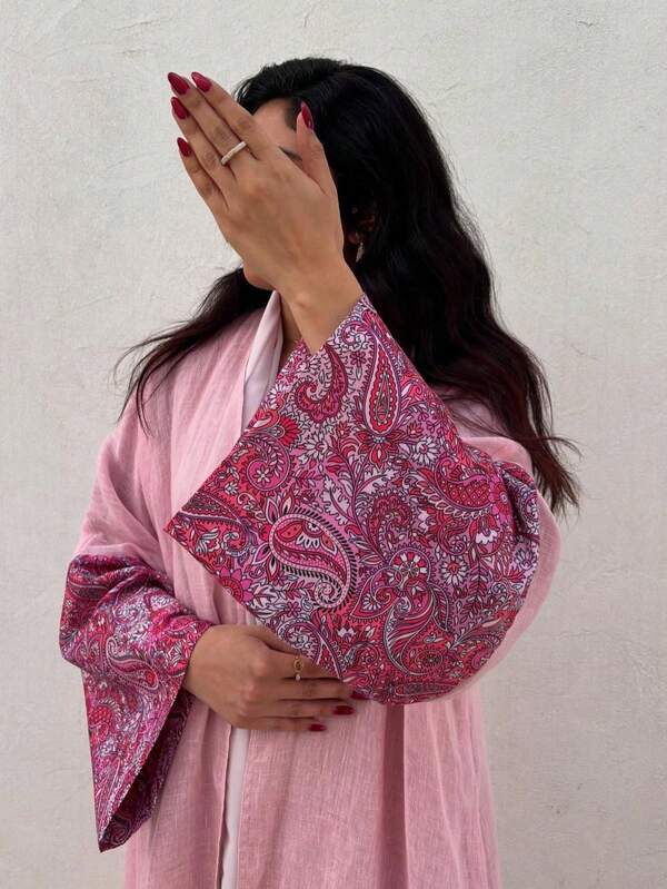 1 Pc Elegant Charming Paisley Cashew Flower Retro Print Robe Cardigan Abaya, Fashionable Beautiful Solid Color Women's Robe Dress Abaya, Suitable For Daily, Work, Travel, Party