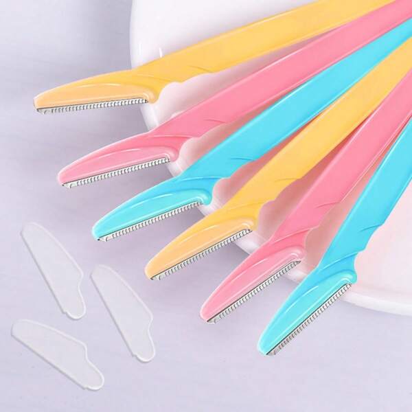 6/12pcs 3-Color Eyebrow Trimmer And Facial Blade Set, Including Brow Razor Blades And Protective Cover, For Facial And Body Hair Removal