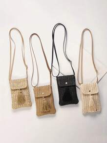 Borsa a spalla mini chic da spiaggia estiva - leggera in poliestere intrecciato con cinturino regolabile, borsa a tracolla piccola e dolce, borsa da spiaggia estiva accattivante, chiusura magnetica e dettaglio a nappina in colori uniti