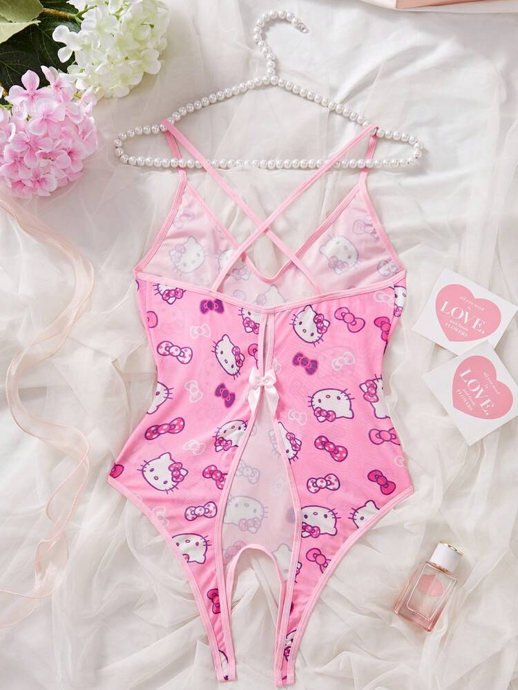 Sanrio 印花蝴蝶结V领透视蝴蝶结泰迪连体衣，性感女士内衣连体衣 - 淺粉色 - 查看 7
