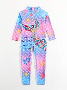 少女卡通美人鱼鳞片印花长袖拉链连体泳衣 - 彩色 - 查看 6