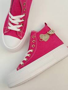 Women High-Top Thick-Sole Rhinestone Glitter Lace-Up Sneakers, Cute & Casual For Walking, Commuting, And Sport - Rose Red - View 8