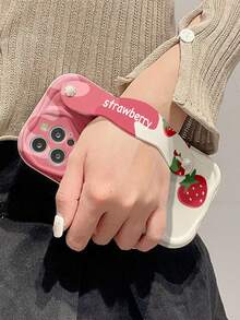 1 件时尚腕带草莓印花加厚高防摔手机壳带支架，兼容 Apple 及系列防水防震防摔防刮