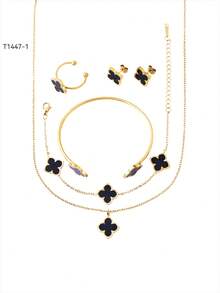 1 套不锈钢四叶草首饰套装包括手链项链耳环戒指手镯，采用 18K 镀亚克力制成，时尚适合日常、派对、节日佩戴 - 彩色 - 查看 12