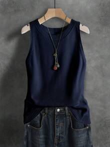 French Retro Elegant Solid Color Sleeveless Knit Camisole Top For Women, Spring/Summer/Autumn - Navy Blue - View 1