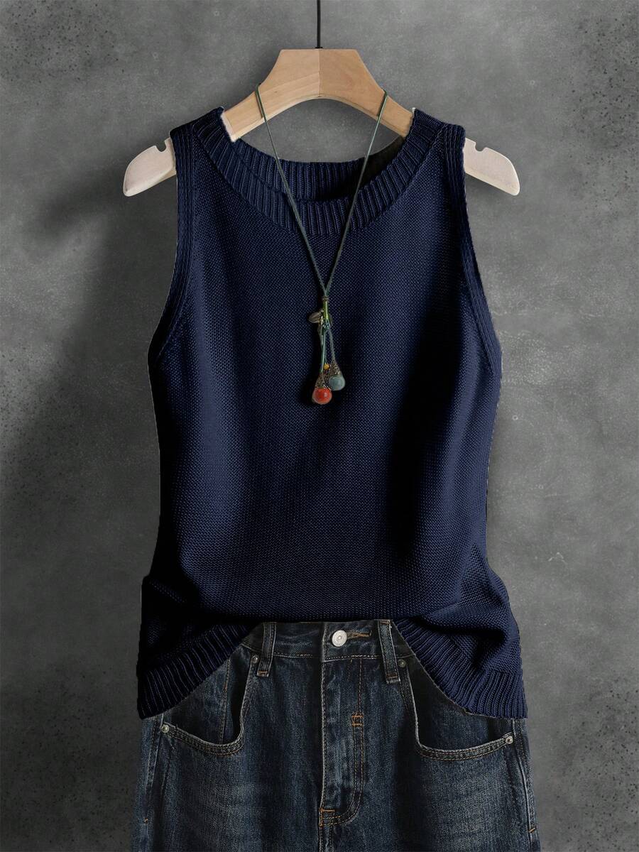 French Retro Elegant Solid Color Sleeveless Knit Camisole Top For Women, Spring/Summer/Autumn - Navy Blue - View 1