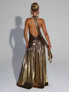 性感深V领露背开衩连衣裙，鸡尾酒会超长连衣裙，吊带露背舞会礼服，圣诞节和万圣节超长婚纱春季款 - 銅色 - 查看 2