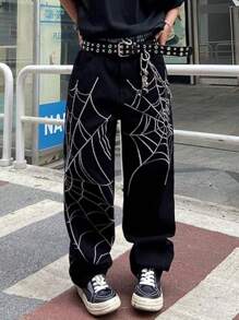1pc Men Black Loose Wide-Leg Y2K Streetwear Hip Hop High Street Heavy Embroidered Washed Denim Jeans Pants, Suitable For Casual Outing Wear