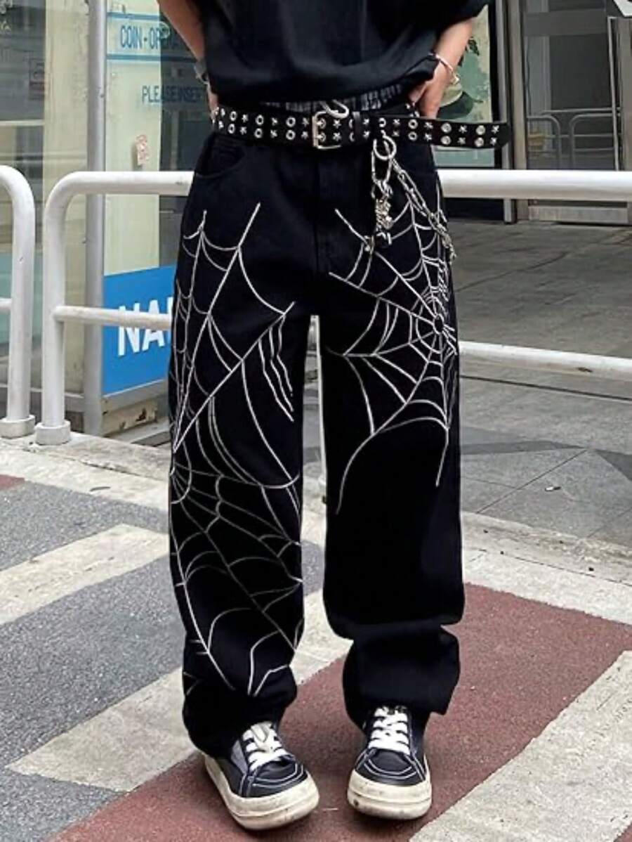 1pc Men Black Loose Wide-Leg Y2K Streetwear Hip Hop High Street Heavy Embroidered Washed Denim Jeans Pants, Suitable For Casual Outing Wear