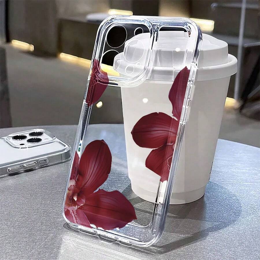 Orchid Mobile Phone Case, Decorated With Burgundy Flower And Petals Design, Suitable For IPhone 16, 15, 14, 13, 12 And 11 Pro Models, Made Of TPU Material, And Provides Shockproof Protection Perfect For Family, Friends, Children, Birthdays, Spring, Holidays, Boyfriends, Girlfriends, And Valentine's Day Gifts - Clear - View 1
