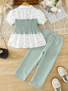 两件套女童夏季套装，领口爱心装饰腰部上衣和牛仔长裤，时尚装扮 - 綠色 - 查看 2