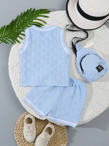Set da 3 pezzi per neonato maschio, composto da maglia a coste, pantaloncini e borsa a tracolla, in tessuto strutturato di colore unito, look casual e alla moda per l'estate
