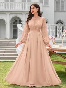 MIUSOL Elegante Floral Renda Profundo Decote Em V Manga Lanterna Bainha Plissada Festa À Noite Vestido Longo