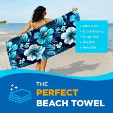 1pc Oversized Bohemian Floral Beach Towel - Quick Dry, Lightweight Polyester Blend, Vibrant Blue Flowers & Green Leaves Design, Ideal For Pool, Bathroom, Travel & Camping, Pool Accessory | Vivid Beach Towel | Lightweight Towel, Beach Towel Beach Essentials