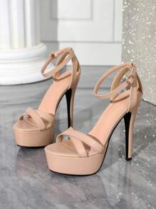 1 Pair Women's Solid Color Street Style PU Leather Buckle Strap High Heel Waterproof Platform Sandals, Apricot Color, Summer Party Wear