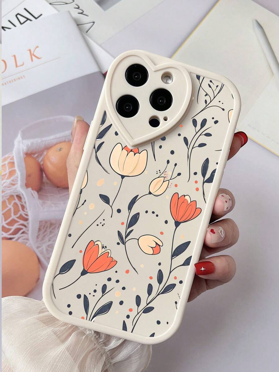1 pieza Funda de teléfono con estampado floral de TPU mate con forma de corazón compatible con iPhone X/XR/XS MAX/11/12/13/14 Pro/15 Pro Max/16/16 Pro/16 Plus/16 Pro Max