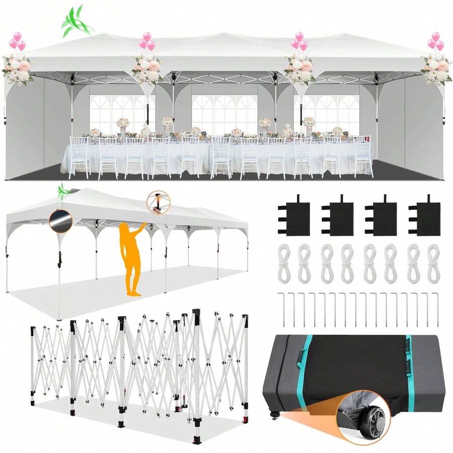 tooluck 10x30ft Pop Up Canopy Tent Gazebo For Parties With 5 Sidewalls Push Center Lock & Air Vent Waterproof & UPF50+ Gazebo Outdoor Tent For Party Wedding BBQ With 4 Sandbags 8 Stakes & 16 Ropes,White - 白色 - 查看 1