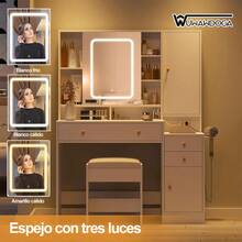 Tocador blanco con espejo y luz, mesa de maquillaje con 3 cajones - Blanco - Ver 6
