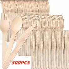 300/150/30 Stück Einweg Messer, Gabel und Löffel Set, Einweg Besteck Set aus Holz, unbeschichtete Holzbestecke, Einweg Dinner Gabeln, Dessert Gabeln, Kuchengabeln, Eislöffel aus Holz für Partys, Feiertage, Geburtstage, Hochzeiten und Heimdekoration - beinhaltet Messer, Gabeln und Löffel