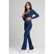 Conjunto Fitness Bailarina Academia Top Manga Longa Legging Flare Suplex Zero Transparência Feminina - Azul Marinho - Visão 1