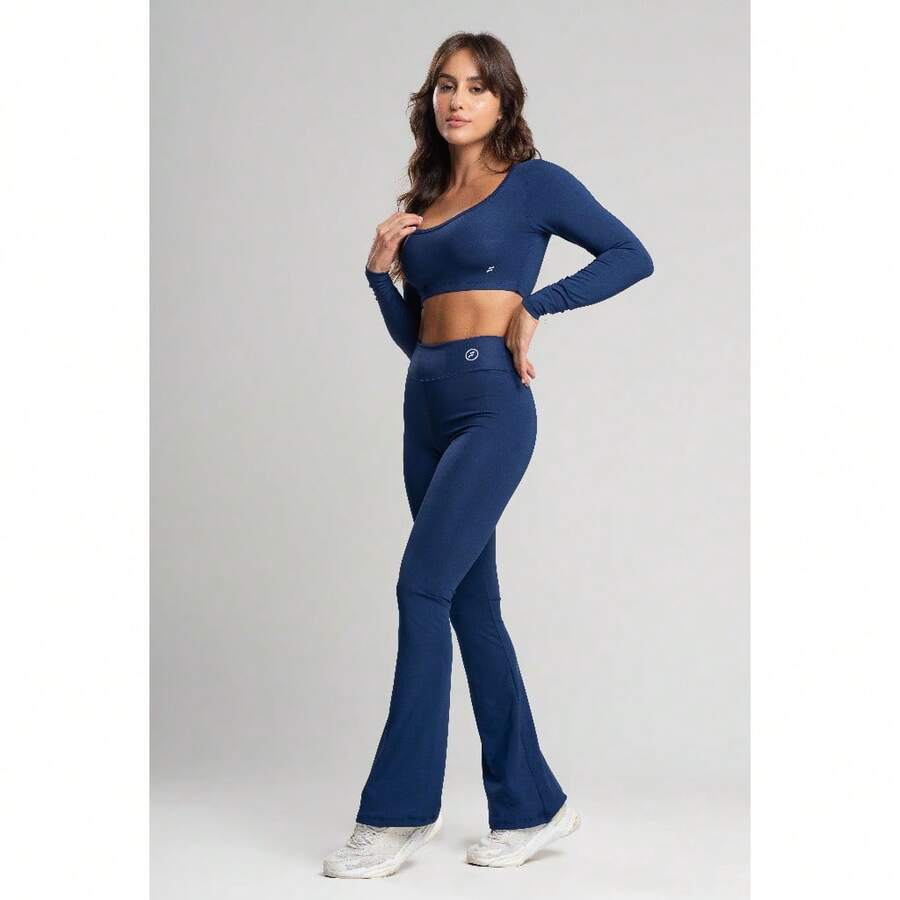 Conjunto Fitness Bailarina Academia Top Manga Longa Legging Flare Suplex Zero Transparência Feminina - Azul Marinho - Visão 1