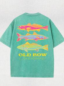 Men's Casual Summer Washed Cotton T-Shirt [Old Row Outdoor] Fish Print, Round Neck, Short Sleeves, Lightweight Cotton Knitted Fabric, Casual Summer Round Neck Shirt | Rib Details. - Cỏ xanh - Xem 2