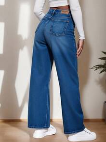 Pantalón Mezclilla Mujer Corte Cintura Alta Wide Leg - Azul lavado medio - Ver 2