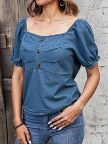 Blusa casual denim mezclilla ligera dama mujer cuello redondo botones decorativos manga corta elástico smog bajo amplio cómodo primavera verano calor día noche playa vacaciones comida fiesta - Azul lavado medio - Ver 3