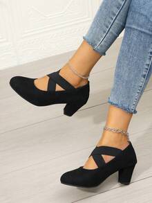 Pantofi eleganți cu toc înalt, elastici, cu barete încrucișate, pentru exterior, pentru toate anotimpurile - Negru - Vizualizare 2