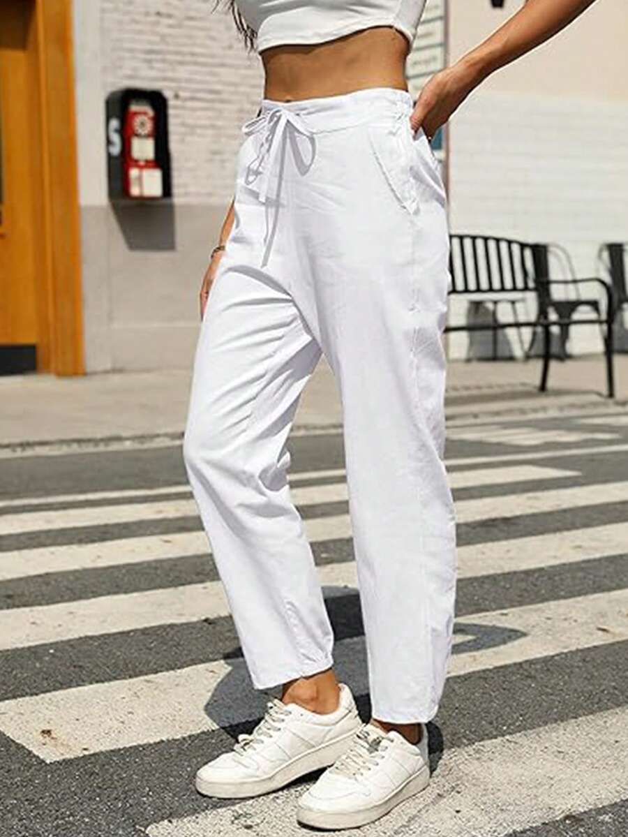Lanwont Women's Linen Trousers Summer Casual High Waist Drawstring White Beach Pants - 白 - 查看 1