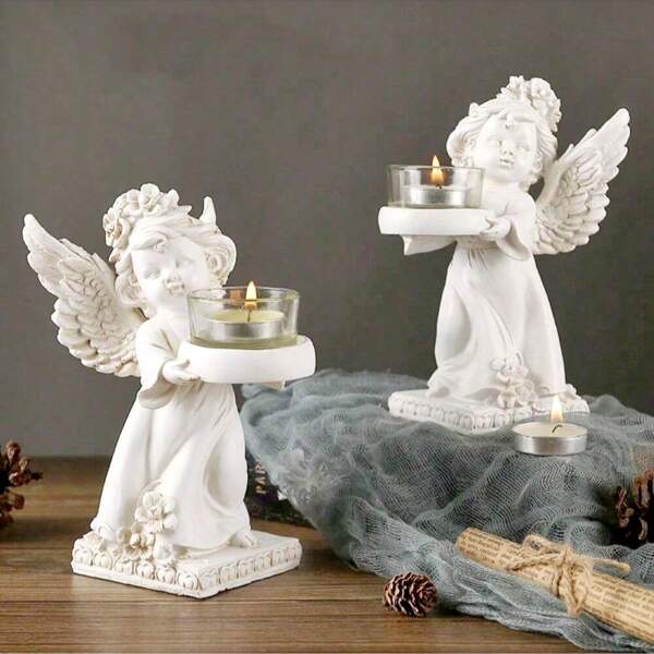 Porta-velas decorativo em forma de anjo, resina, elegante adorno de mesa para ocasiões românticas, jantares e decoração de casa, estilo vintage, design alado
