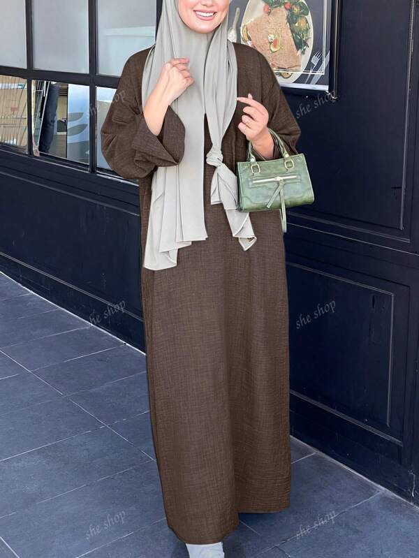 Effen kleur elegante ronde hals lange mouwen lange casual slanke pasvorm damesjurk, dagelijks dragen