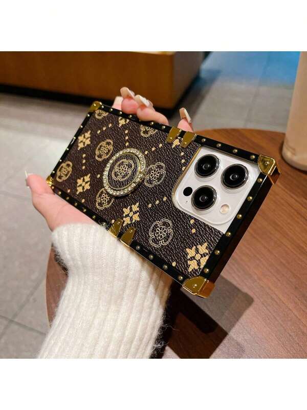 1 pièce Étui de protection antichoc avec texture  brun et support d'anneau floral, protecteur de téléphone TPU doux et minimaliste compatible avec Apple 11/11 Pro/11 Pro Max, 12/12 Pro/12 Pro Max, 13/13 Pro/13 Pro Max, 14/14 Pro/14 Plus/14 Pro Max, 15/15 Pro/15 Plus/15 Pro Max et Galaxy S21 Ultra, S22 Ultra, S23 Ultra, S24 Ultra, S25 Ultra, A23, A33, A53, Z Flip3, Z Flip4, Z Flip5