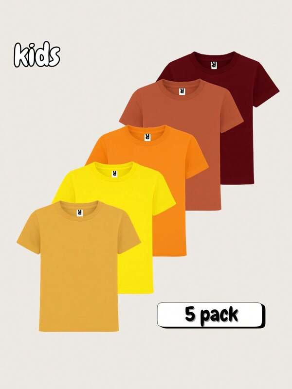 Roly Unisex kinder-T-shirt 100% katoen (verzending binnen 48 uur) - Verschillende maten en kleuren - Verpakking van 5 t-shirts geel (1), oranje (1), granaat (1), oker (1), tegel (1) - korte mouw, dubbele ronde hals met elastaan, zijnaden, verwijderbaar label, ideaal voor school, dagelijks gebruik, sport, uniform, buitenactiviteiten - unisex kinder-T-shirt, basic kinderkleding, katoenen kinder-T-shirt, school-T-shirt, comfortabele kleding voor kinderen