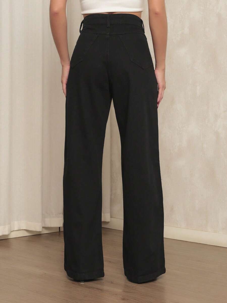 Women's Wide Leg Jeans, 100% Denim Fabric, High Waist On - Negro - Ver 1