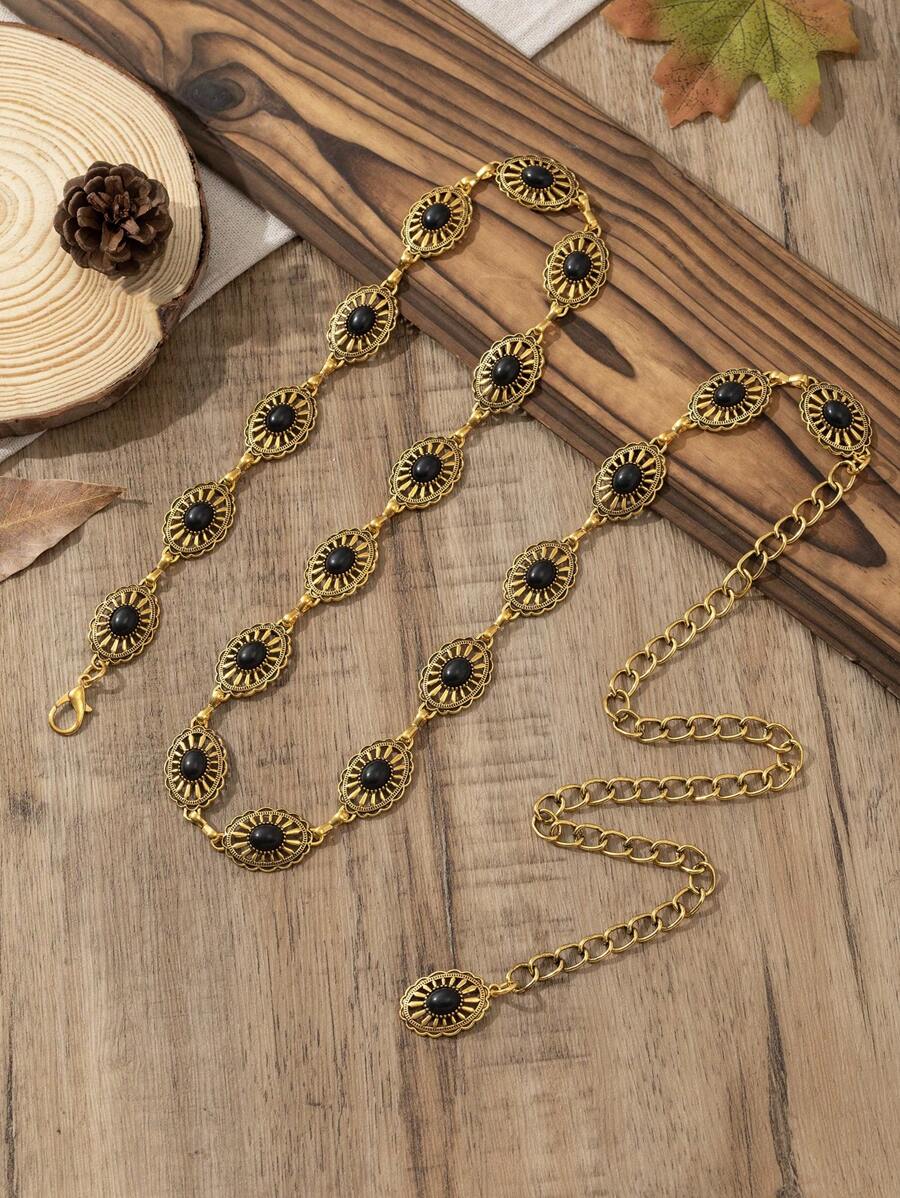 Cadena de cintura retro europea y americana de estilo bohemio para mujer, con flores grabadas en aleación de zinc chapada en oro antiguo y turquesa, adecuada para combinar con atuendos y usar en vacaciones