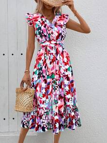 Elegante Vestido De Mujer Con Estampado Floral y Cuello En V, Mangas Volantes, Con Cinturón, Adecuado Para El Uso Diario - Rojo - Ver 1