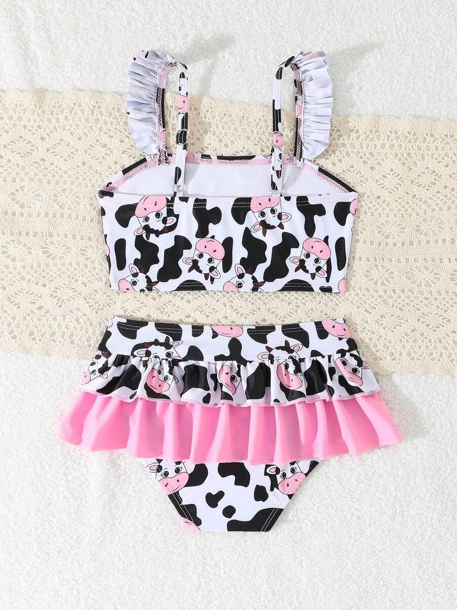Young Girl Cow Print Ruffle Trim Bikini Set - Multicolor - View 1