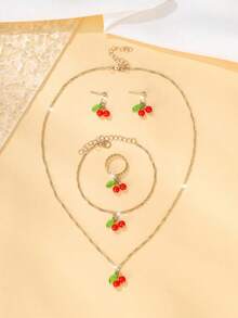 5 件套精致树脂水果首饰套装，包括项链、手链、耳环、戒指、可爱樱桃吊坠，适合日常佩戴，非常适合返校、节日礼物 - 彩色 - 查看 5