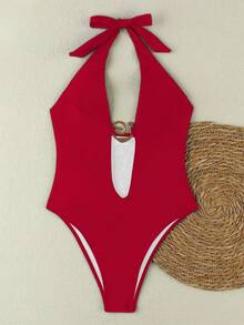 欧美风性感纯色V领挂脖连体泳衣，金属装饰，女士度假海滩装扮 - 紅色 - 查看 3