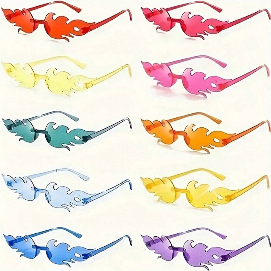 10pcs Flame Shaped Fashion Glasses, Sporty Style, Unisex, Suitable For Parties And Events, Available In Multiple Colors