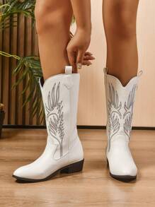 Elegant Women's Fashion Boots, Slip-On Embroidered Western Boots, High Heel Embroidered Western Boots, Stunning Embroidered Cowgirl Boots, Slip-On Flat Mid-Calf Boots For Autumn/Winter In White, Brown And Black