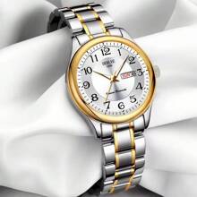 1 Stück Modische Damenuhr, Urlaubsgeschenk, elegantes kleines Zifferblatt, Luxusstil in Gold oder Silber, Wochentagskalender, Dual-Display-Funktion, japanisches Quarzwerk, Muttertags-, Abschluss-, Valentinstags-Geschenk