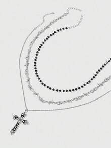 Bộ 3 chiếc/Bộ Vòng cổ nhiều lớp phong cách Gothic cổ điển sang trọng tối màu Punk chữ thập & gai, Vòng cổ choker đính hạt, Vòng cổ kim loại Boho dành cho nữ - Bạc - Xem 3