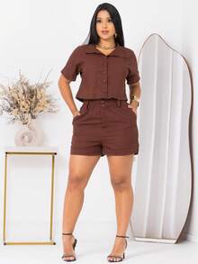 Conjunto feminino linho de short e blusa manga curta - Marrom - Visão 7