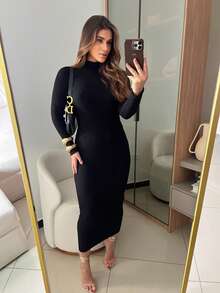 RIBBED DRESS WITH ELEGANT SLEEVES HIGH QUALITY MODAL AUTUMN AND WINTER - Black - View 3