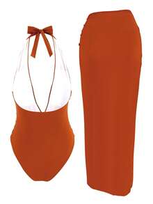 مجموعة من قطعتين ملابس سباحة أنيقة للنساء، قطعة سباحة بحمالات رفيعة مع طبعة نجمة البحر وتنورة طويلة مناسبة للاستخدام في الشاطئ والعطلات الصيفية