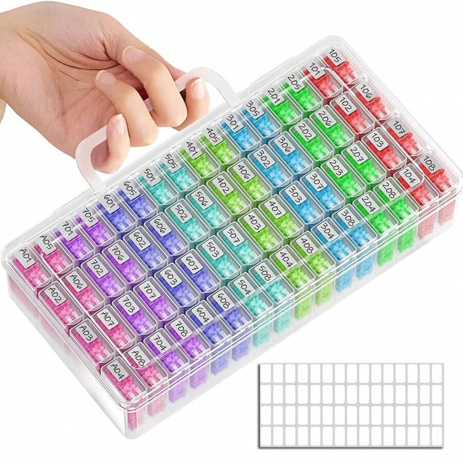 1 pieza Caja de almacenamiento de plástico transparente multiusos con 32/48/64 compartimentos y etiquetas adhesivas - Apta para cuentas, joyería, manualidades y suministros para arte de uñas - Cierre a presión, excelente para pintura de diamantes, bordado y caja de joyería
