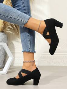 Pantofi eleganți cu toc înalt, elastici, cu barete încrucișate, pentru exterior, pentru toate anotimpurile - Negru - Vizualizare 4