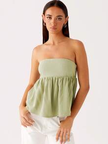 Women Summer Flowy Tube Top Y2k Solid Color Strapless Off The Shoulder Loose Fit Babydoll Bandeau Crop Tops Backless Sleeveless Going Out Tops Vests Shirts Casual Streetwear - màu xanh lá - Xem 1